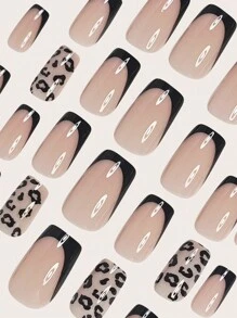 使用 24 件中号方形按压指甲套装立即提升您的外观，简约优雅黑色法式风格纹假指甲时尚暗夜黑色法式风格裸粉色假指甲全覆盖假指甲，适合女性和女孩，包括 1 张粘合标签和 1 件迷你锉刀果冻凝胶，随机发货指甲用品指甲