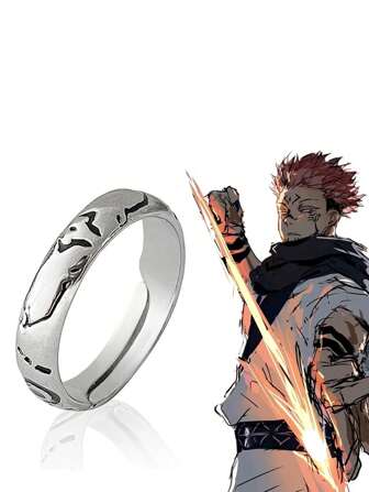 1pc Sukuna Tattoo Pattern Finger Ring & Earring Set For Curse King's Cosplay, Adjustable Halloween