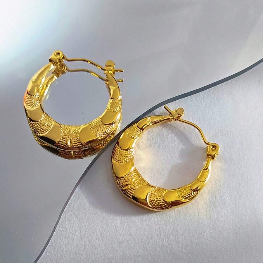 1/6 Pair Stainless Steel 18K Gold Plated Snake Skin Textured Oil Pressure Rings & Earrings, Fashionable Minimalist Earrings, Ideal For Holiday Celebrations - Gold - View 1
