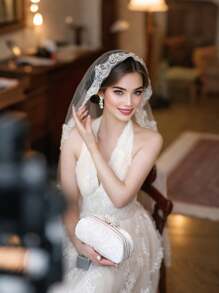 1pc French Vintage Lace Trimming Short Bridal Veil, Romantic & Elegant Wedding Photo Decoration Hair Accessory - White - View 6