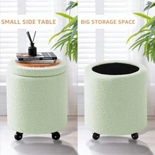 Hidden Storage Footstool, Sofa Footstool, Used As A Step Stool, Dressing Stool, Shoe Changing Stool, Bed Stool,Storage Ottoman Foot Rest Round Footstool Teddy Velvet Footrest Multifunctional Rolling Stool Coffee Table Ottoman With Wheels Vanity Stool For Makeup Room Living Room Bedroom Green - Green - View 3