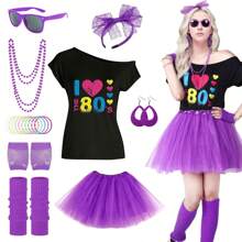 Rosa Vermelho 21 peças Fantasia dos Anos 80 para Mulheres, Conjunto de Acessórios de Fantasia dos Anos 80, Camiseta com Estampa de Lábios, Saia Tutu Adulta, Tiara de Renda, Ideal para Qualquer Época do Ano, Dia dos Namorados, Baile de Formatura, Halloween