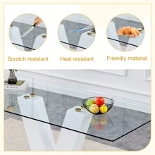 Table And Chair Set.Subtle Luxury Clear Tempered Glass Dining Set - 71"X35.4" With 6 Black PU Chairs.C-Tube Gold Metal Chair Legs.Bring A Comfortable Home Experience To The Kitchen, Bedroom.