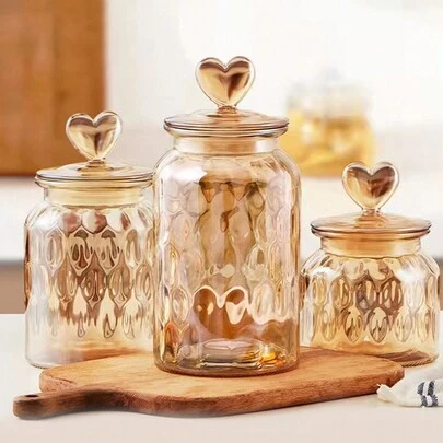 1pc Glass Jar With Ball Stopper Lid, Transparent Food Storage Container With Airtight Wooden Round Plug, For Spice, Salt, Sugar, Coffee, Tea, 500ml/800ml/1200ml