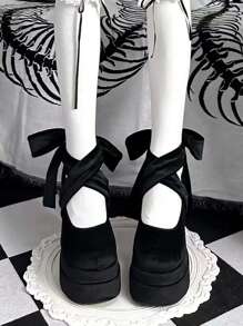Zapatos estilo francés de tacón alto y plataforma, tacón grueso, Mary Jane a prueba de agua con lazo de terciopelo y puntera redonda para San Valentín