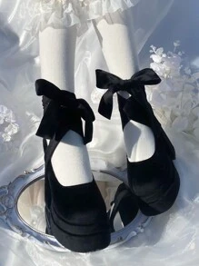 Zapatos estilo francés de tacón alto y plataforma, tacón grueso, Mary Jane a prueba de agua con lazo de terciopelo y puntera redonda para San Valentín