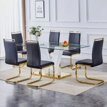 Table And Chair Set.Subtle Luxury Clear Tempered Glass Dining Set - 71"X35.4" With 6 Black PU Chairs.C-Tube Gold Metal Chair Legs.Bring A Comfortable Home Experience To The Kitchen, Bedroom.