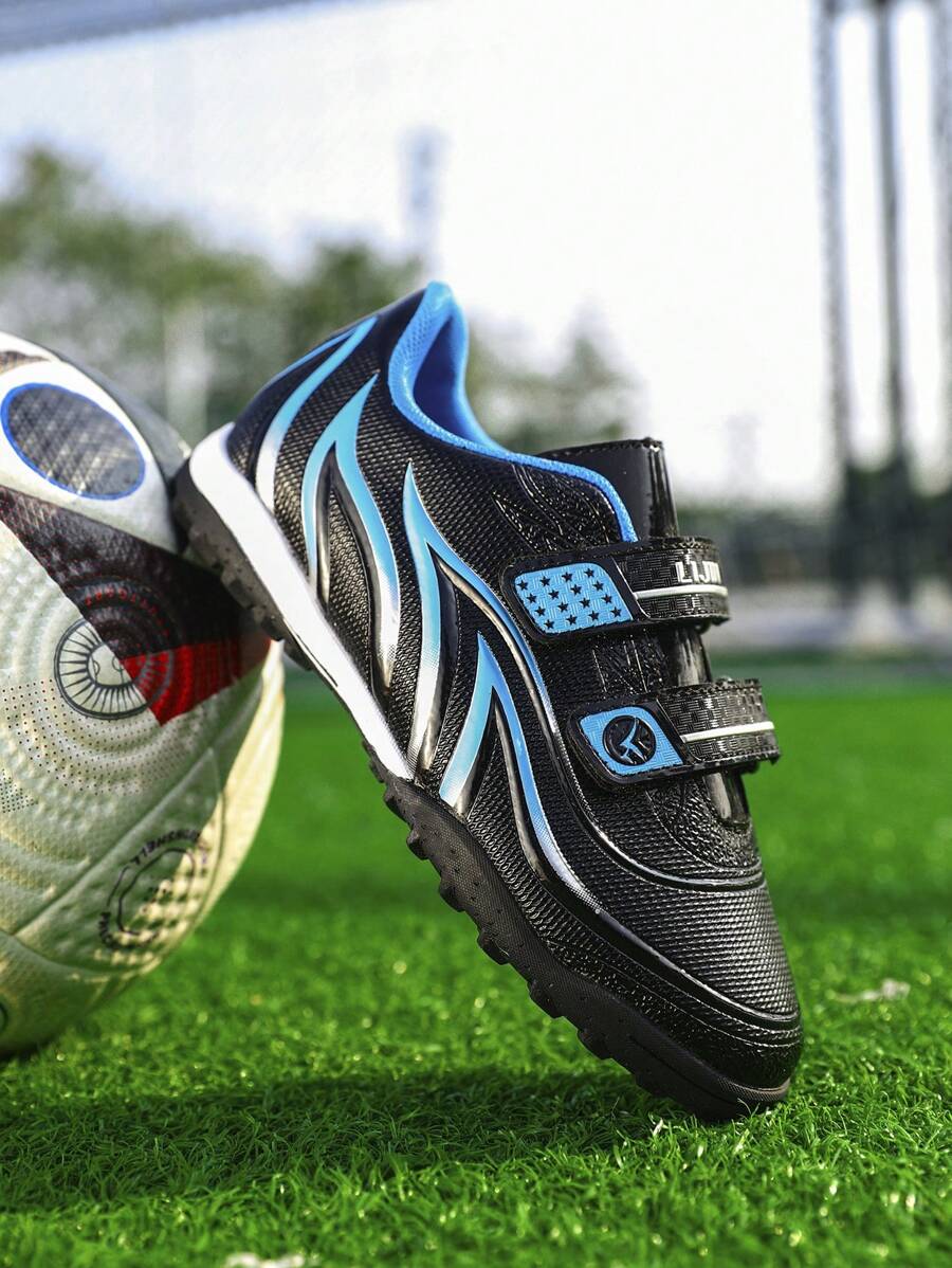 Kinderfußballschuhe American Football Kleinkindergröße Fußballschuhe für Kinder unter 12 Jahren, Gummisohle, TF faltbar, Klettverschluss statt Schnürsenkel, Trainingsschuhe geeignet für Kunstrasen und Boden, rutschfest, Größe 26, für Jungen und Mädchen, leuchtende Materialien, Schnalle - Schwarz - Übersicht 1