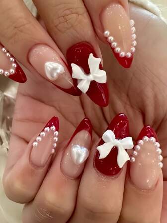 24pcs Almond-Shaped Romantic Nail Stickers. Elegant Faux Pearl Bow French Burgundy Nail Stickers, Full Coverage Design Suitable For Women And Girls. Includes 1 Adhesive Sticker Sheet And 1 Mini Daily Office Nail Sticker. Random Jelly Gel Color Delivery. Valentine's Day Nail Supplies.