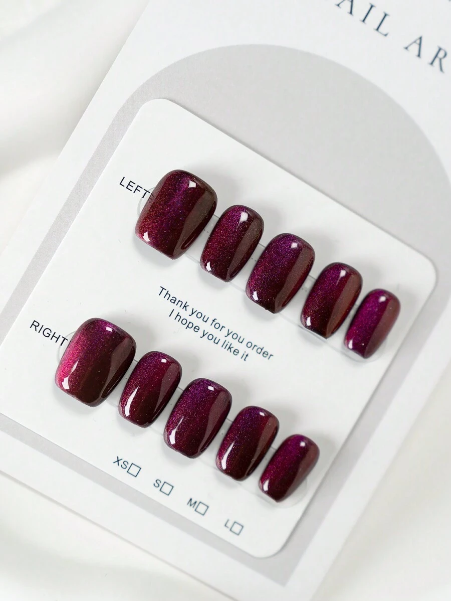 YINZIJIA Enhance Your Temperament With 10 Handmade Cat Eye Gradient Pressed Nails, Short Square Shape, Purple Red Shimmer, Reflective Color Change, Perfect For Women And Girls - Available In XS, S, And M Sizes - Multicolor - View 1