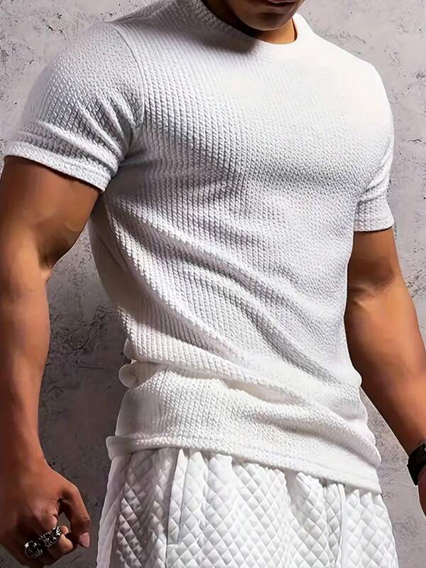Camiseta masculina de malha elástica de manga curta com gola redonda, design exclusivo, top esportivo de verão casual e moderno, adequado para condicionamento físico e treinamento