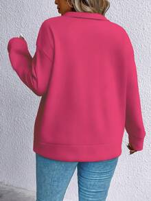 Plus Size Turndown Collar Zipper Long Sleeve Casual Pullover Sweatshirt - Hot Pink - View 3
