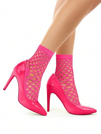 1 Pair Women Fuchsia Pink Fishnet Socks, Solid Color Sexy Mid-Calf Mesh Socks, Fishnet Stocking