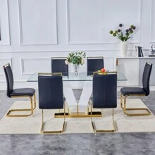 Table And Chair Set.Subtle Luxury Clear Tempered Glass Dining Set - 71"X35.4" With 6 Black PU Chairs.C-Tube Gold Metal Chair Legs.Bring A Comfortable Home Experience To The Kitchen, Bedroom.