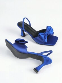 女士高跟凉鞋，蓝色方头细高跟鞋蝴蝶结装饰，适合日常穿着和宴会，优雅细高跟鞋 - 藍色 - 查看 6