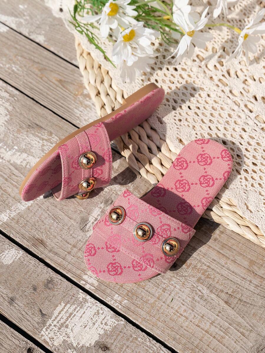 1 双女童仿纽扣防滑圆头平底凉鞋，休闲和沙滩装 - 粉色 - 查看 1