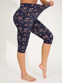 Women's Casual Versatile Capri Leggings Floral Pattern High Elasticity Soft Comfortable Suitable For Fitness Exercise Yoga Spring Summer Vacation - Navy Blue - View 5