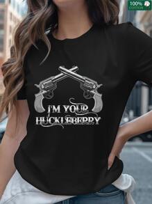 Happy Valentine'S Day Women's I'M YOUR HUCKLEBERRY T-Shirt, Women's 220g Round Neck Casual Heavy Pure Cotton T-Shirt (1 PC) - Black - View 1