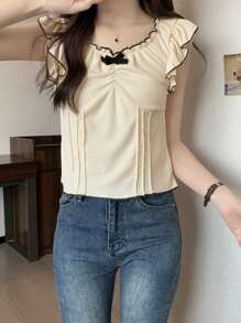 Stylish Cap Sleeve Bowknot Backless Tank Top, Form-Fitting, Frill Trim, Spring/Summer - Apricot - View 3