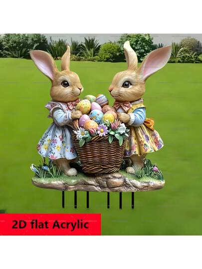 1 Pc Easter Bunny Garden Stake Acrylic Double Rabbit Statue With Egg Basket, Outdoor Lawn And Garden Decor, No Power Required, No Feathers, Easter Themed Decoration