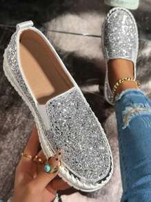 Women's Sequin & Rhinestone Studded Loafers, Thick Sole Slip-On Soft Walking Shoes, Elegant Daily Footwear - Silver - View 11