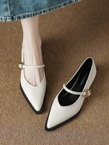 2025春季新款尖头浅平底鞋优雅简约百搭时尚女鞋白色中跟低跟粗跟平底鞋 - 米色 - 查看 3