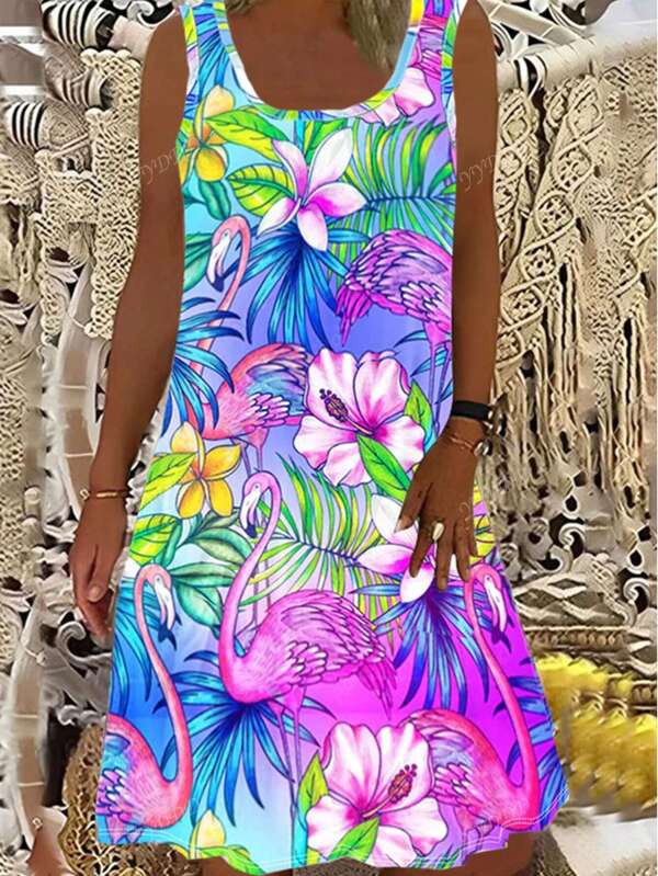 Rochie de vacanță, fără mâneci, cu decolteu rotund, cu imprimeu floral și flamingo