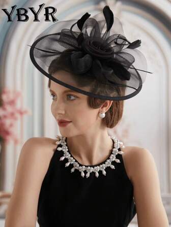 YBYR 1 st. svarta fascinatorhattar för kvinnor, 50-tals huvudbonad med slöja, blomma, bröllop, tebjudning, kyrklig derbyhatt, minihatt, liten hatt, minikeps, presenter
