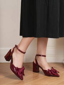 Sandalias de tacón grueso color vino tinto, nuevo diseño de punta puntiaguda y con estilo, adecuadas para usar con vestidos - Burdeos - Ver 6
