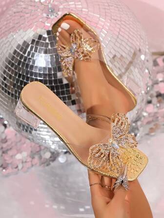 Women's High Heel Clear Strap Multi-Color Rhinestone Butterfly Coral Pearl Square Toe Sandals, Elegant Versatile New Design