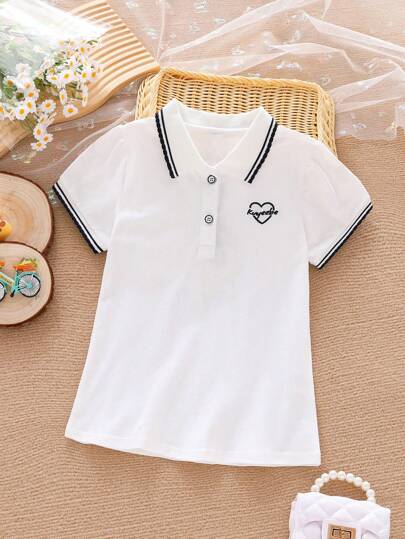 Girls Short Sleeve T-Shirt, Casual Loose Fit School Style, Soft & Breathable White Polo Shirt, Summer New Arrival Tween Girl Clothing