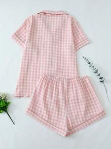 2pcs/Set Women Short Sleeve Button Collar Top And Shorts Pajama Set, Casual Loose Fit Homewear With Plaid Print, Basic Style Suitable For Both Indoor And Outdoor Spring/Summer - Pink - View 6