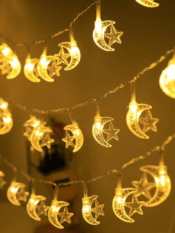 أضواء خيطية بشكل نجوم والقمر LED تعمل ببطارية 10 أقدام، أضواء حور خيالية دافئة اللون للستائر والنوافذ، مصباح ليلي ديكوري في غرفة النوم، أضواء القمر والنجوم الخفافيش للديكور على الطاولة، إضاءة ديكورية مزخرفة بشكل هلال ونجوم على الحائط، إضاءة للزينة الداخلية والخارجية، أضواء خيالية للحديقة والشرفة والحفلات والمناسبات