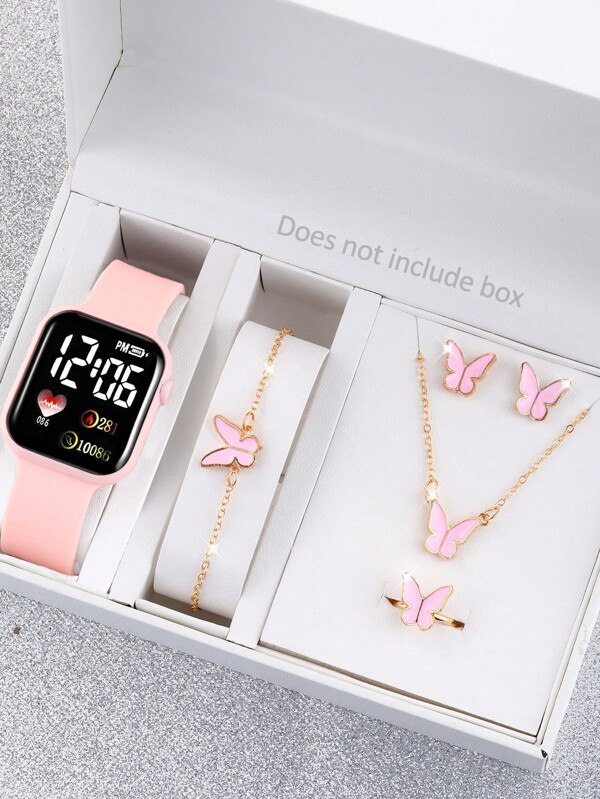 6 In 1 Minimalist LED Square Digital Watch, Butterfly Necklace, Bracelet, Earrings, Ring Jewelry Set, Back To School Gift For Kids