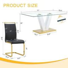 Table And Chair Set.Subtle Luxury Clear Tempered Glass Dining Set - 71"X35.4" With 6 Black PU Chairs.C-Tube Gold Metal Chair Legs.Bring A Comfortable Home Experience To The Kitchen, Bedroom.