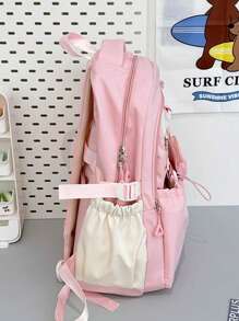 Stylish Sweet Solid Color Functional Backpack For Women, Casual Versatile Commuting Laptop Bag With Small Coin Purse, Campus Back To School Bookbag For High School And College Students, Multi Compartment Large Capacity Outdoor Travel Sports Backpacks, Fashion Bookbag With Pencil Pouch - Pink - View 5