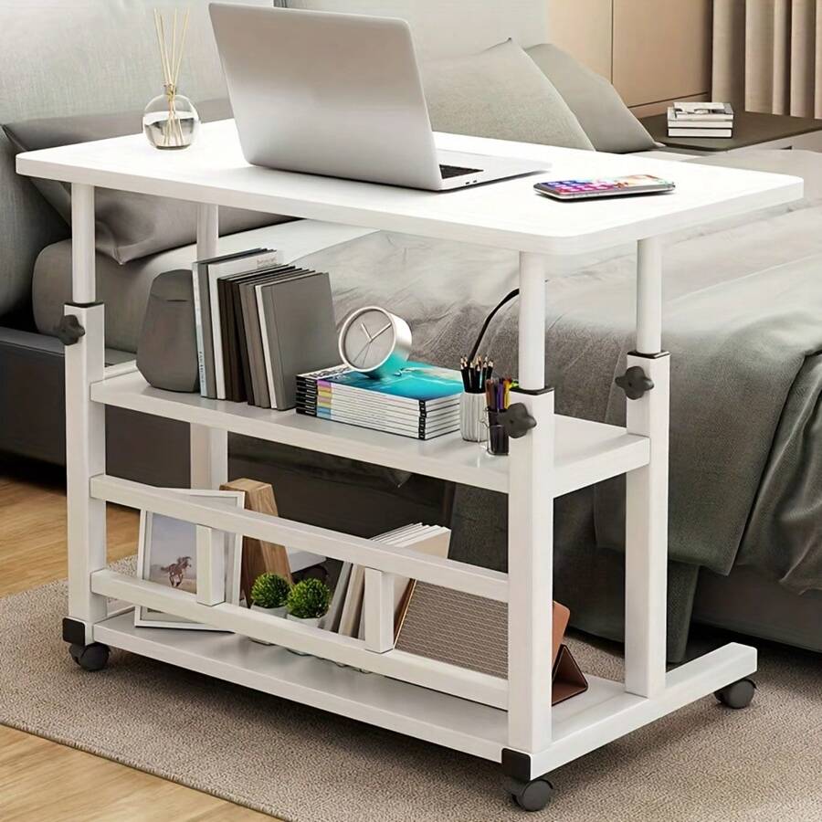 Local DeliveryMobile Desk, Computer Desk For Home Bedroom Bedside Table, Simple Student Writing Desk For Lazy People In Dormitory, Movable And Height-Adjustable Laptop Desk With Wheels That Can Rotate 360% - White - View 1