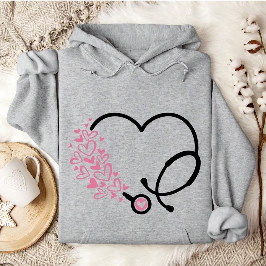 Stethoscope Nurse Valentine Hoodie, Valentine's Day Gift For Nurse, Nursing Student Hoodie, Nurse Love Hoodie, Nursing School Hoodie, Doctor Valentine Hoodie. UA-951 - 灰色 - 查看 1