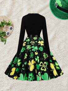 Spring Vacation Retro St. Patrick's Day Clover Print High Waist Patchwork Long Sleeve Dress With Ribbon - Green - View 3