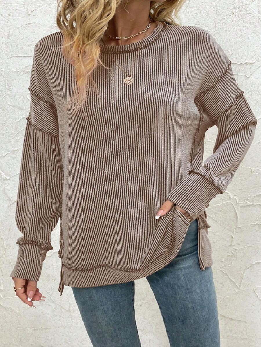 女式大码长袖衬衫秋季罗纹宽松大码运动衫休闲侧开衩束腰上衣 - 卡其色 - 查看 1