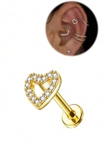 1 peça Brincos de cartilagem tragus de coração, joias labret, parte traseira plana, brincos de cartilagem helix, joias de piercing para mulheres, rosca interna, 8 mm, presente feminino para o dia dos namorados