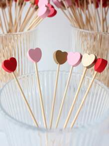 100 支情人节心形一次性竹签，创意艺术鸡尾酒牙签三明治签水果签，适合节日派对用品
