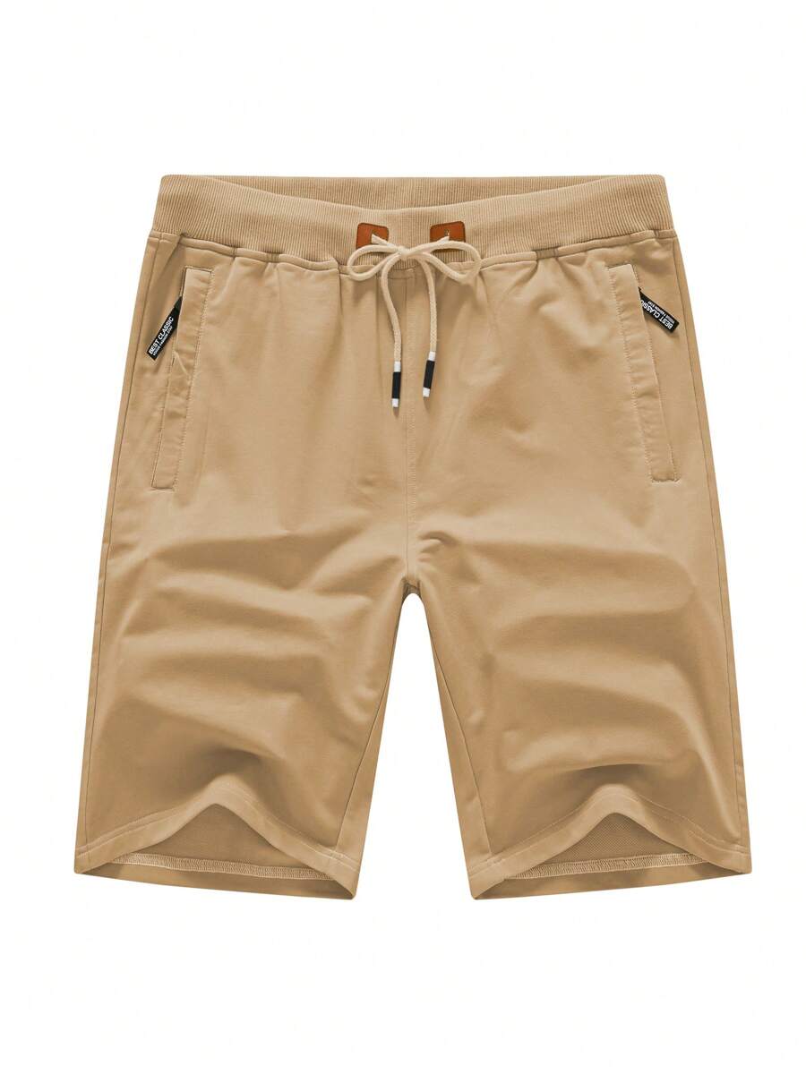 Summer Men's Knit Sport Shorts, Cotton Casual Drawstring Shorts With Zipper Pockets Elastic Waist - Màu Khaki - Xem 1