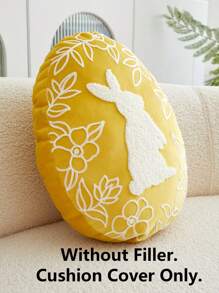 1pc Easter Yellow Rabbit Embroidered Asymmetric Shaped Throw Pillow Cover, Spring Floral Pillow Sham, Easter Decorative Egg Shaped Cushion Cover, Suitable For Indoor Decor, Spring/Summer, Pillow Insert Not Included - Yellow - View 3