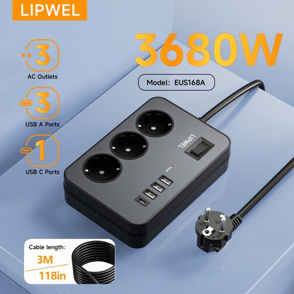 LIPWEL LIPWEL 1Pc 7 In 1 Power Supply Power Outlet Socket, 1M, 1.8M, 3M, 5M, Power Strip With 4 USB Charging Ports, Wall Mounting Power Strip (16A, 3680W) With Switch And Power Indicator Light, Multiple Plug USB Socket For Smartphone Laptop Home, Office Usage, White Black,Multi Functional Power Socket