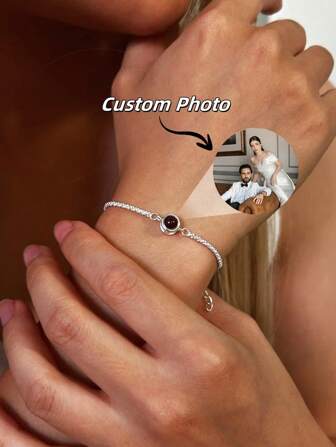 Personalized Photo Projection Bracelet, Round Diamond-Encrusted Sparkling Projection Bracelet, Customizable Round Diamond-Encrusted Photo Projection Bracelet, Ladies' Sparkling Diamond Projection Bracelet, Diamond Projection Bracelet With Glittering Chain, Customized Photo Bracelet, Mother's Memorial Gift, Projection Jewelry, Birthday Gift