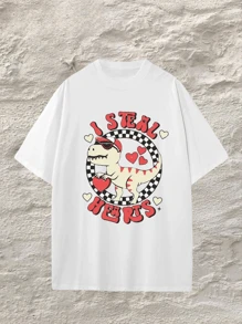 Payeah Tyrannosaurus Holding Heart Graphic Prints Round Neck Short Sleeve Ladies T-Shirt (220g Heavy Cotton 1pcs) - White - View 1