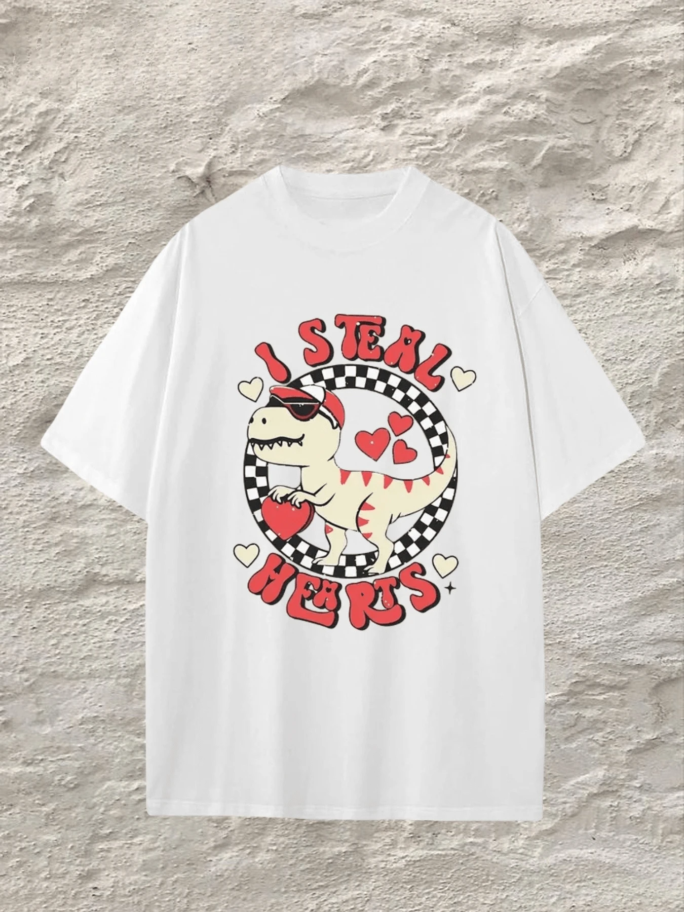 Payeah Tyrannosaurus Holding Heart Graphic Prints Round Neck Short Sleeve Ladies T-Shirt (220g Heavy Cotton 1pcs) - White - View 1