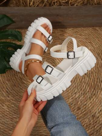 女士时尚百搭优雅舒适厚底厚底坡跟凉鞋 - 黑色