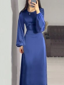 Women Solid Color Round Neck Elegant Lantern Sleeve Simple Waisted Dress, Modest - Blue - View 2